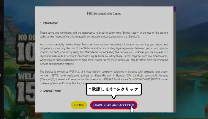 ボナンザゲーム入金不要ボーナス受取手順（利用規約確認画面）