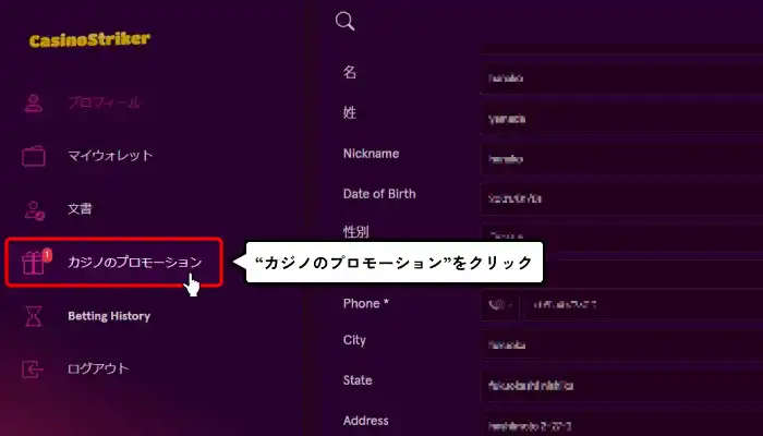 カジノストライカー入金不要ボーナス受取方法解説（プロモーション移動画面）