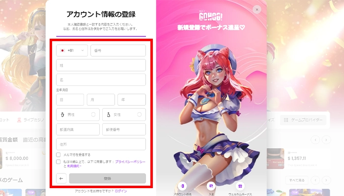 ゴーホグカジノアカウント情報を入力