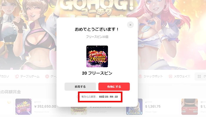 ゴーホグカジノ入金不要ボーナス有効化3日以内